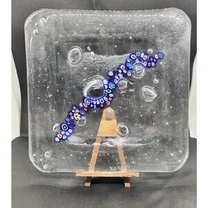 Studio Art FUSED BUBBLE GLASS W/ MILLEFIORI Plate Handmade Signed 9.75”